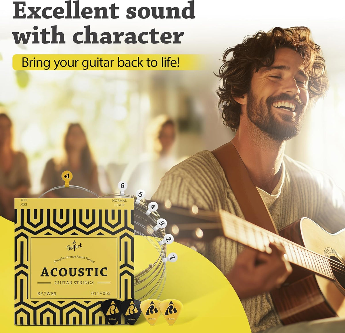 Quality acoustic guitar strings - 6 string set - Premium coating with Phosphor Bronze (guitar strings - photo 2