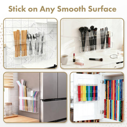 Acrylic Straw Holder for Cabinet Door - Organizer & Dispenser with Smooth Rounded Edges for Kitchen Accessories Storage, Adhesive Circles Included (Clear Transparent)