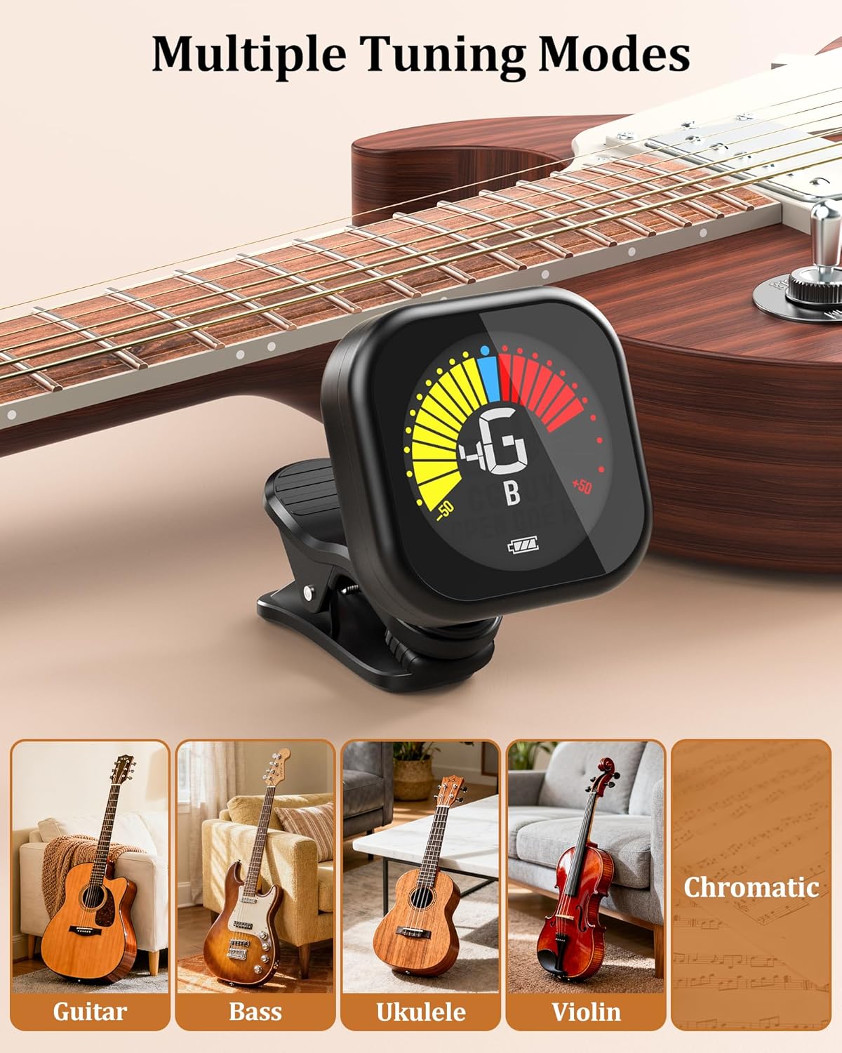 Guitar Tuner Clip-On Rechargeable with Color Screen 360° Rotatable Acoustic Chromatic Open Tuning for - photo 3