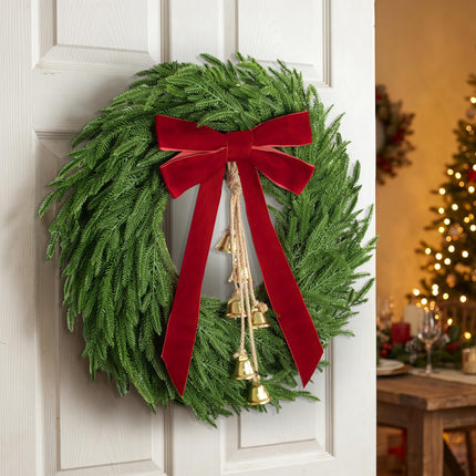 Christmas Decor, 24" Norfolk Pine Christmas Wreath with Velvet Bow & Bells