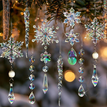 Crystal Christmas Tree Ornaments, Clear Acrylic Snowflake & Icicle, 18pcs