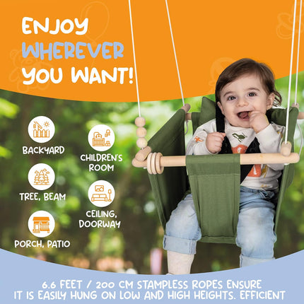 Indoor Outdoor Baby Swing with 3-Point Harness and Hardware for Ceiling, Porch, Doorway, Canvas Toddler Swing Seat Green
