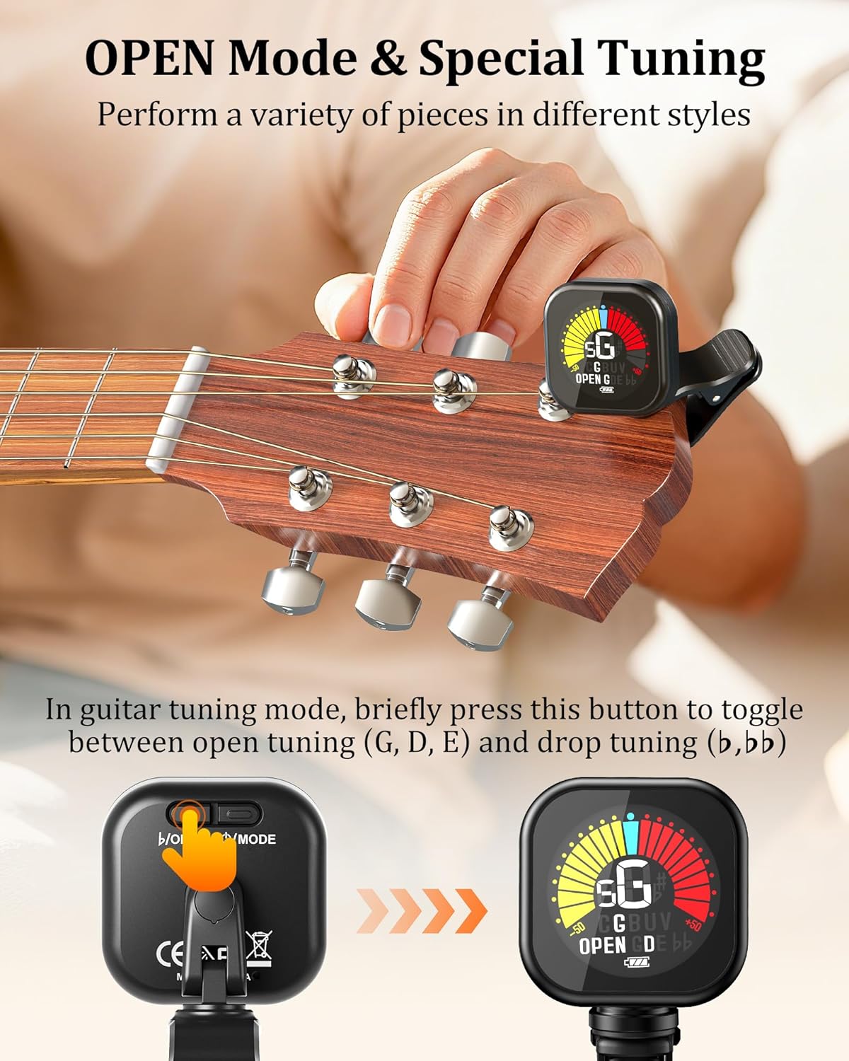 Guitar Tuner Clip-On Rechargeable with Color Screen 360° Rotatable Acoustic Chromatic Open Tuning for - photo 5