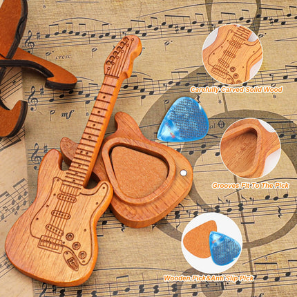 Wooden Guitar Pick Holder with Stand, Wooden Electric Guitar Styling Box with 3 Wood Picks and 3 Non-slip Celluloid Guitar Picks, Guitar Pick Storage Box Set for Guitar, Bass, Ukulele Players