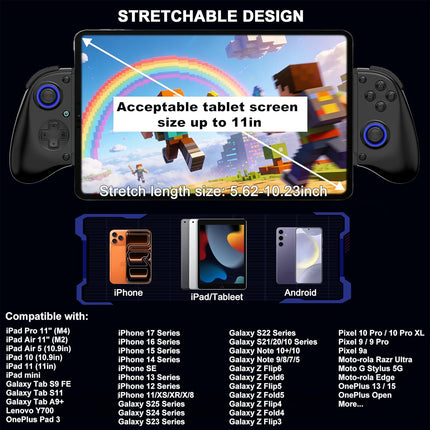 Megadream Mobile Gaming Controller for iPhone/Android/PC - iPad/Tablet (Up to 11in) - Cloud Game - NS-Switch|Swith 2 - Turn Your Phone into a Gaming Console - PS5/Xbox Remote Play Streaming, Call of Duty, Roblox, Turbo, Black