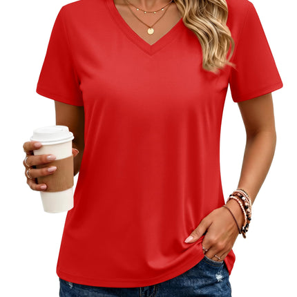 Women's Cotton T Shirt V-Neck Short Sleeve Shirt Classic-Fit Casual Breathable Tee Summer Basic Tops