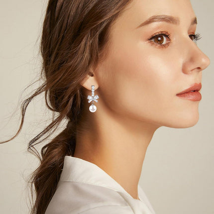 SmileBelle Pearl Earrings For Women, Ear Climbers Earrings For Women Silver Bow Drop Jewelry, Freshwater Pearl Bridal Jewelry As Summer Tassel Accessories for Wedding Gifts