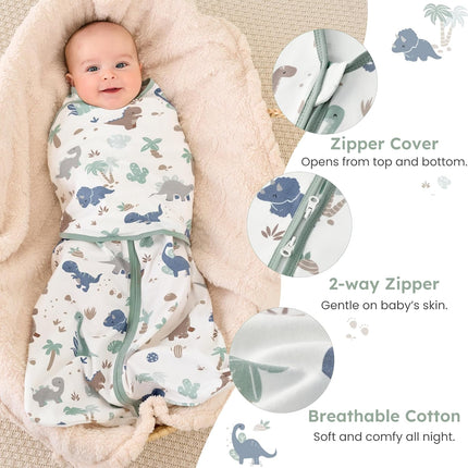 Baby Swaddle Sleep Sack 3-6 Months, Cotton Swaddles for Newborns Boys Girls, 2-Way Zipper Transitional Infant Wearable Swaddling Blanket with Quiet Closure, 0.5 TOG 2 Pack Soft Green Dinosaur