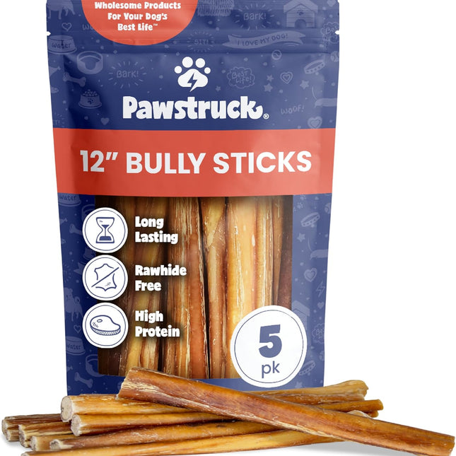 12 Inch Bully Sticks for Medium & Large Dogs (5 Pack) - All Natural Beef Pizzle, Long Lasting, Rawhide-Free, Low Odor, Single Ingredient Dog Chews & Dental Treats