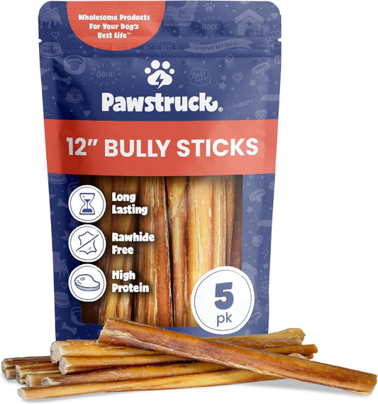12 Inch Bully Sticks for Medium & Large Dogs (5 Pack) - All Natural Beef Pizzle, Long Lasting, Rawhide-Free, Low Odor