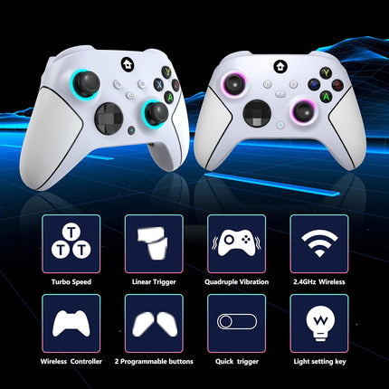 YUYIU Wireless 2.4GHz Controller with 7 Colors RGB Light for Xbox Controller, Xbox One Series X|S,Consoles,Steam PC Windows, with 1000mAh Battery/Dual Vib-ration/Turbo/Programmable, 3.5mm Audio Jack (Pearl white)