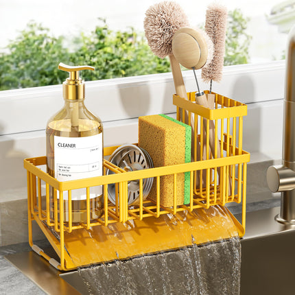 Sink Caddy Sponge Holder for Kitchen with Brush Holder and Stainless Steel Self Drain Tray, Rustproof Kitchen Sink Organizer for Sponge, Soap Dispenser Storage Accessories