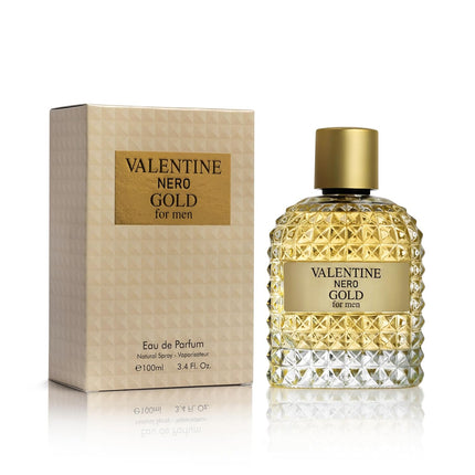 URBAN COLLECTION Valentine Nero Gold Cologne for Men, Warm Spicy Woody Fragrance, Amber Vanilla Perfume de Hombre with Powdery Notes, Long Lasting Masculine Scent, 3.4 oz / 100ml