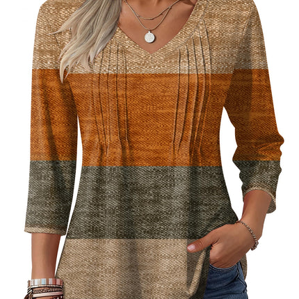 3/4 Length Sleeve Womens Tops V Neck Pleated Boho Floral Blouses