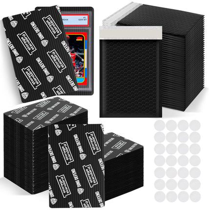 Ding Defend Card Shipping Protector Envelope Bubble Mailer Kit with 110 Card Shipping Protectors (3.5x4.5 Inches), 55 Bubbles Mailers, 250 Tape Seals for Collectible Cards - Black