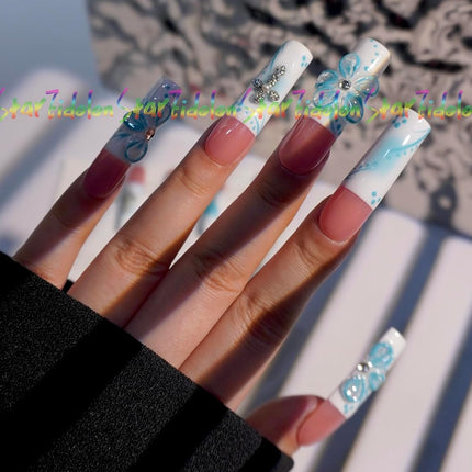 HAND-PAINTED White Press Ons Neon Small Press on Nails Long French Press on Nails Coffin Medium Short Nail art Fake Nail Art Kit with 7g Glue on Nails Handmade Almond Square Nails (TJ-8, Medium)