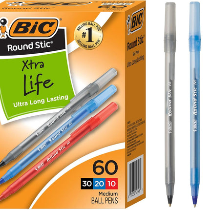 BIC Round Stic Xtra Life Assorted Ink Ballpoint Pens, Medium Point (1.0mm), 60-Count Pack of Bulk Pens, Flexible Round Barrel for Comfortable Writing, No. 1 Selling Ballpoint Pens