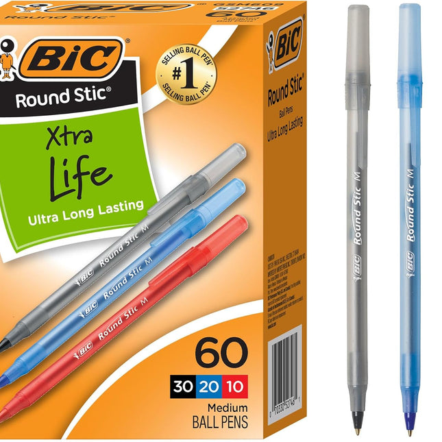 Assorted Ink Ballpoint Pens, Medium Point (1.0mm), 60-Count Pack of Bulk Pens, Flexible Round Barrel for Comfortable