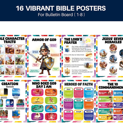 16pcs Bible Posters for Kids, 11x14in Sunday School Decorations for Classroom, Laminated Christian Wall Art with Glue Dots, Waterproof Books of the Bible Scripture Educational Prints for Homeschool