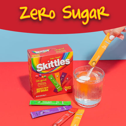 SINGLES TO GO! Skittles Variety Pack, Watertok Powdered Drink Mix, Zero Sugar, Low Calorie, Includes 4 Flavors: Green Apple, Strawberry, Grape, Orange, 1 Box (30 Single Servings), Pack of 6