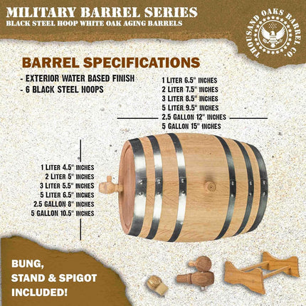 US Army 1 Liter Oak Aging Barrel Dispenser w/Wood Stand, Bung & Spigot - Memorial Day Military Veteran Gifts, 1L Charred Mini Bourbon Whiskey Barrels for The Home Distiller, Moonshiner