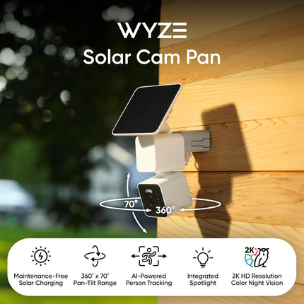 WYZE Solar Cam Pan (Flagship Model), Wireless Outdoor Cam Pan, 2K 360° Pan-Tilt Battery Powered 2.4GHz Wi-Fi Cameras for Home Security, AI Motion Detection, Color Night Vision (Renewed)