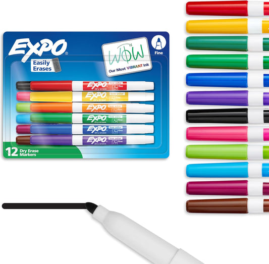 Low Odor Fine Tip Dry Erase Markers, Assorted Colors, 12 Count