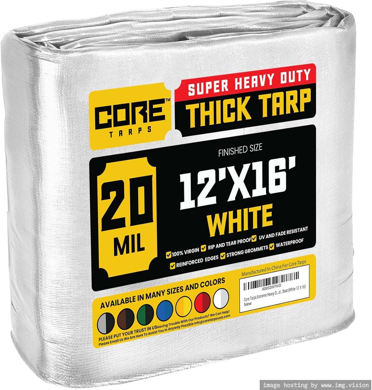 Extreme Heavy Duty 20 Mil Waterproof White Tarp Cover, 12 ft x 16 ft