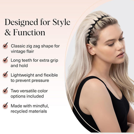 Kitsch Zig Zag Headbands for Women – Fashion Accessories for Slicked Back Styles - Comfortable Wavy Headbands | Comb Headband with Teeth | Ideal Gifts for Women - Black and Tortoise - 2 pcs