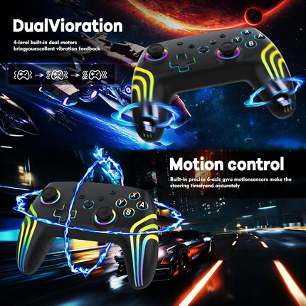 MYSTILUCK Wireless Pro Controller for Switch/Switch 2/Lite/OLED/PC, Gamepad with 7 Color-Changing RGB Lighting/Dual Vibration/6-Axis Gyroscope/Turbo, Ergonomically Designed Precise Joystick