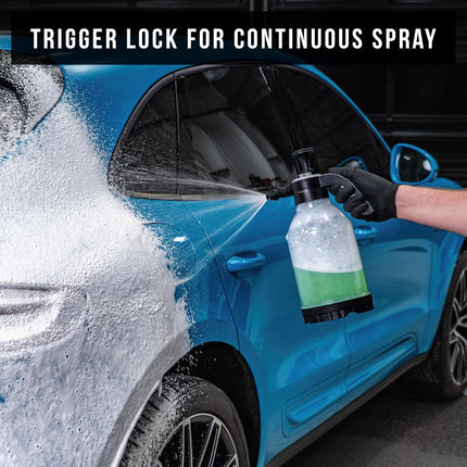 Premium Foam Pump Sprayer for Car Cleaning Kit and Car Detailing Kit, Foaming Spray Bottle with Trigger Lock, Adjustable Nozzle; Clear Canister with Level Indicators; 1.25L Working Capacity