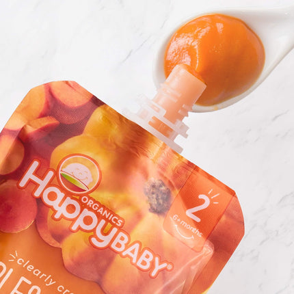 Happy Baby Organics Stage 2 Baby Food Pouches, Gluten Free, Vegan & Healthy Snack, Clearly Crafted Fruit & Veggie Puree, Apples, Pumpkin & Carrots, 4 Ounces (Pack of 16)