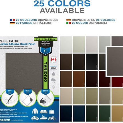 Pelle Patch - Leather Repair Patch for Car Seat - 25 Colors Available - Original 8x11 - Medium Grey