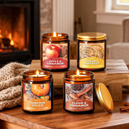 Fall Candles Set - 4 Pack Candles for Home Scented, 28 oz Natural Soy Wax 200 Hour Long Lasting, Autumn Gifts Set for Women Men Fall Fragrance of Pumpkin/Apple Cinnamon/Clove/Wheat Vanilla