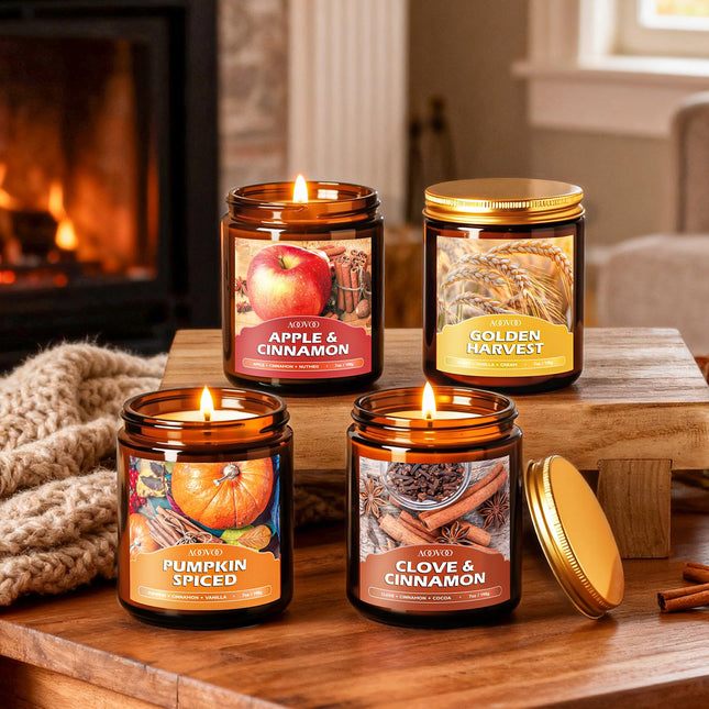 Set de velas de otoño - 4 velas aromáticas para el hogar, 28 oz de cera de soya natural, 200 horas de duración, set de regalo de otoño para mujer y hombre, fragancias de calabaza/apple cinnamon/clavo/trigo y vainilla