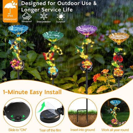 Solar Hummingbird Feeder with LED Light,Garden Bird&Butterfly Water Feeder Stakes,Solar Garden Decor for Hummingbirds Bees&Butterflies,Metal Yard Stakes with Dragonfly Ladybug Bird & Butterfly(4 Pack)