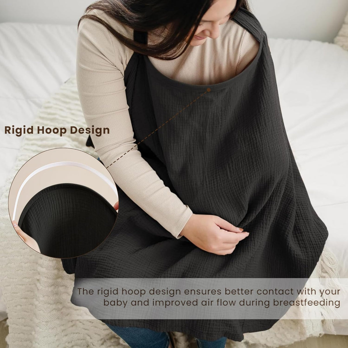 Muslin Nursing Cover for Baby Breastfeeding, Breathable 100% Cotton Breastfeeding Cover with Rigid Hoop - photo 3