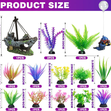 Ameliade Fish Tank Decor Set with Shipwreck Decoration, Little Diver Floating & 13 Aquatic Artificial Plants - Betta Plants & Hiding Spots for Aquariums and Small Fish Tank Accessories