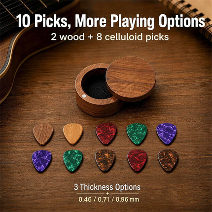 Set de portapúas de guitarra con 2 púas de madera + 8 púas de celuloide (3 grosores), estuche de madera con tapa magnética giratoria, mini joyero, accesorios musicales para guitarrista