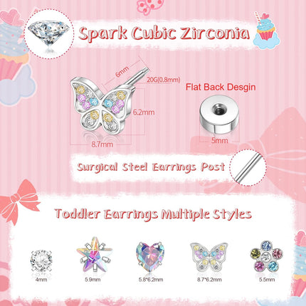 Hypoallergenic Earrings for Girls,Toddler Screw Back Earrings for Kids Baby Women,Lightweight Surgical Steel Cute Pink Bow Butterfly Heart Flower CZ Flat Back Stud Earring for Sensitive Ears