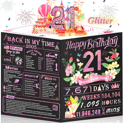 21st Birthday Card,3D Pop Up Funny 21st Birthday Decorations for Girls Granddaughter Sister,Happy 21 Year Old Birthday Gift for Daughter,Great 21Year Old Gifts Idea for Her,Jumbo Rose Glod In 2005