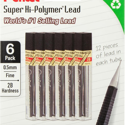 Pentel Super Hi-Polymer Lead Refills, 0.5 mm, B, 72 Pieces (12 pcs per tube, 6 tubes)