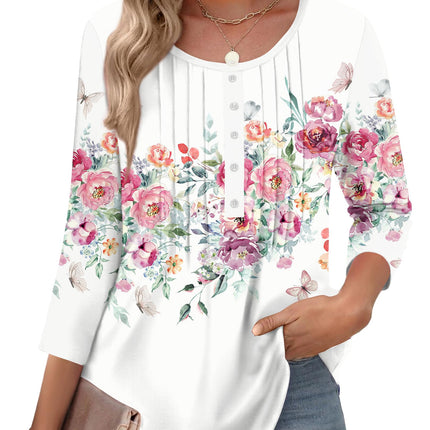 3/4 Length Sleeve Womens Tops Round Neck Casual Summer Tunic Tops Basic Tees Blouses Dressy T-Shirts Pleated Shirts