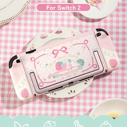 GeekShare Strawberries with Cream Case Compatible with Switch 2, Slim Separable Soft Silicone Protective Shell with 2 Thumb Grip Caps -- Pink