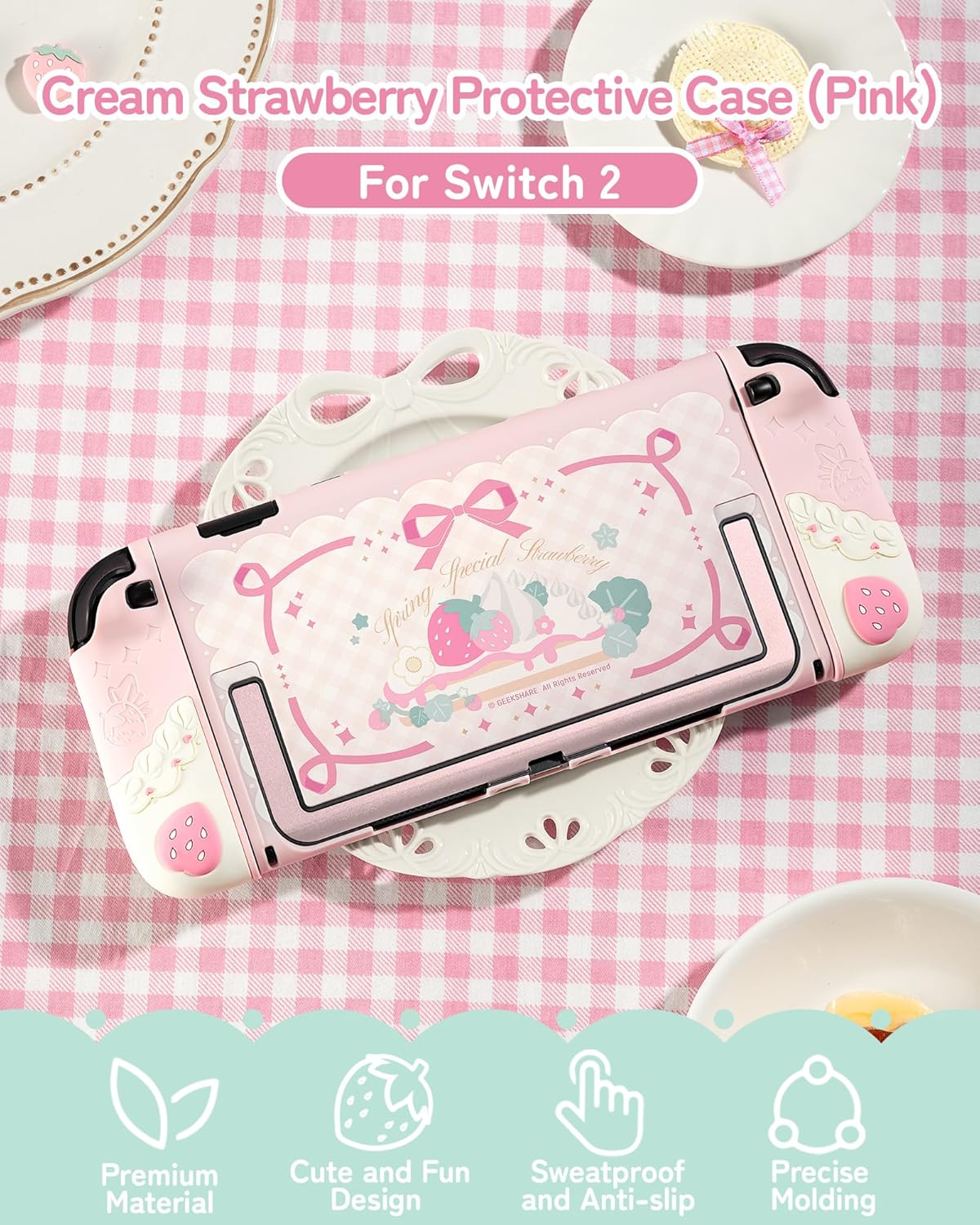 Strawberries with Cream Pink Silicone Protective Case with Thumb Grip Caps - photo 2