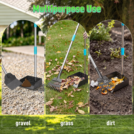 Pooper Scooper and Adjustable Long Handle Dog Pooper Scooper with Spade Shovel, Tray & Rake for Lawns Heavy Duty, Stainless Metal Large Medium Small Pet Supplies on Grass Dirt or Gravel.