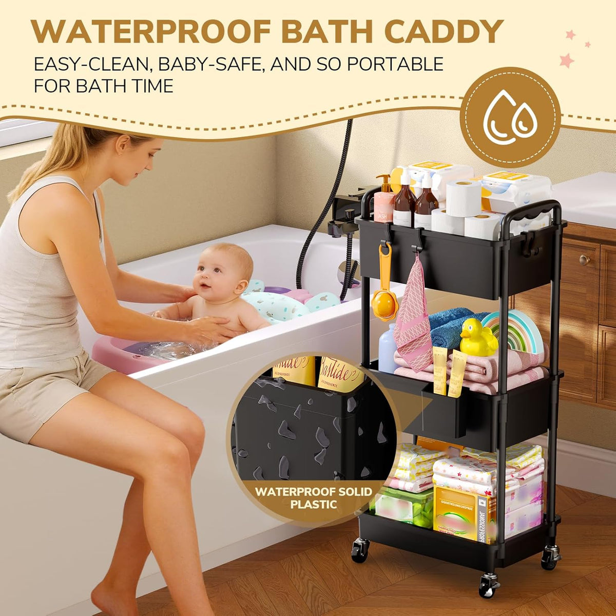 3-Tier Black Rolling Diaper Cart with Lockable Wheels - photo 3