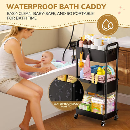 3-Tier Black Rolling Diaper Cart with Lockable Wheels - photo 3