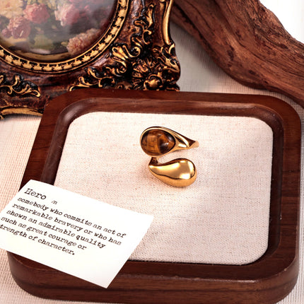 14K Gold Plated Tiger Eye Stone Chunky Open Ring Boho Vintage Rings for Women Brown Jewelry and Pearl