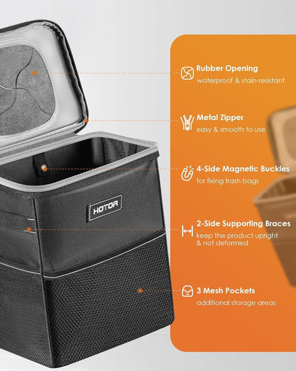 Car Trash Can with Lid and Storage Pockets, 2 Gallons, Black - photo 3